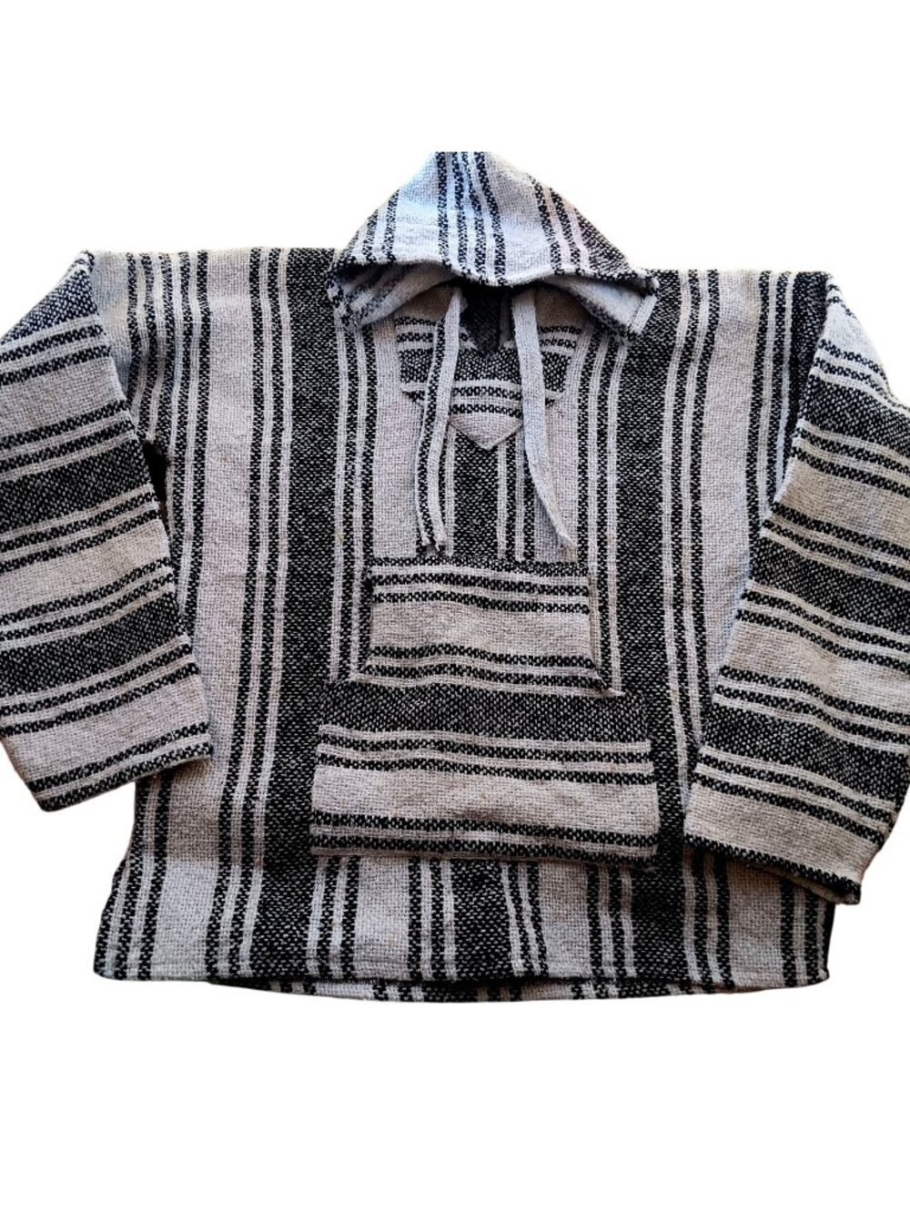 Medium Vtg Baja Hoodie Pullover Black White Striped Festival Pocket Scum Rug